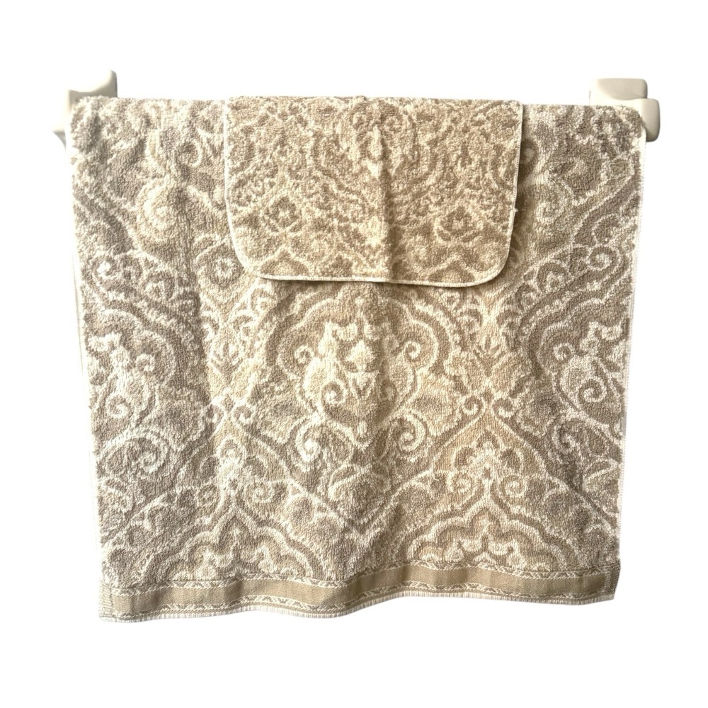 Vintage Fieldcrest MCM Traditional Towel Set USA 100% Cotton Brown Damask 80s‎